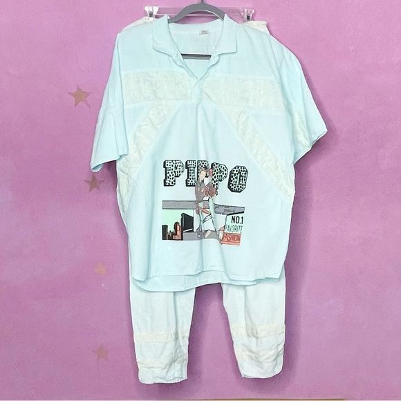 80s Pippo New York Paris Baseball Blue Button Up Shirt With Matching Pants Rare - Picture 1 of 16